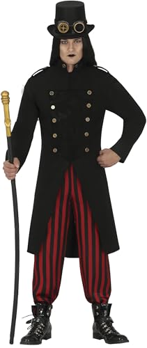 FIESTAS GUIRCA Elegantes Gothic Steampunk Herren Kostüm Größe M 48 – 50 inkl. Langer Schwarzer Mantel und Schwarz Rote Hose - Für Karneval/Fasching, Halloween, Steampunk, Cosplay und Themen Partys von Fiestas Guirca