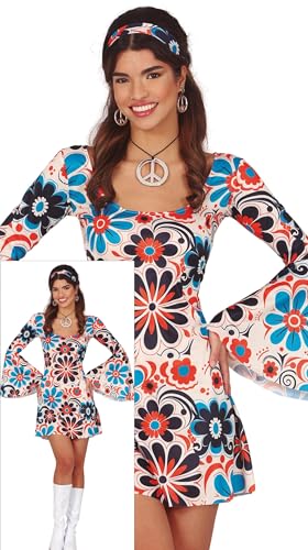 FIESTAS GUIRCA Flower Hippie Karnevalskostüm Damen – 70er Jahre Kurzes Hippie Kleid Outfit mit Blumenmuster & Hippie Haarband – 60er Jahre Disco Faschingskostüm Erwachsene Damen Größe S von FIESTAS GUIRCA