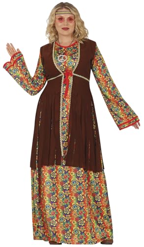 FIESTAS GUIRCA Flower Power Hippie Kostüm Damen – 70er Hippie Outfit Damen – Langes Hippie Kleid mit angenähter Fransenweste – 60er Jahre Hippie Kleidung Damen Größe XL 44-46 von FIESTAS GUIRCA