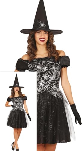 FIESTAS GUIRCA Glanzvolle Hexe Halloween Kostüm Damen – Hexenhut und Schwarzes Hexenkleid mit Spinnennetzmuster – Halloween Kostüm Dame L 40-42 von FIESTAS GUIRCA