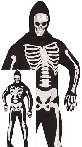 FIESTAS GUIRCA Gruseliges Skelett Halloween Kostüm Herren – Skelett Overall mit Kapuze und Totenkopf Aufdruck – Kostüm Herren Halloween L 52-54 von FIESTAS GUIRCA