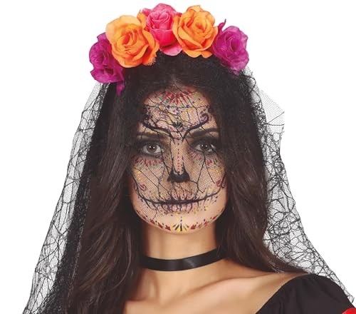 FIESTAS GUIRCA Haarband Halloween | Halloween Stirnband mit Schleier Halloween, Lila und Orange Blüten, Erwachsene von FIESTAS GUIRCA
