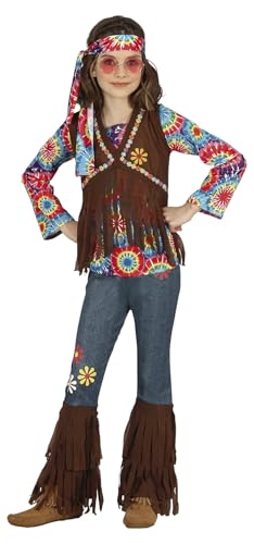 Fiestas GUiRCA Happy Hippie Mädchen Kostüm – 70er Jahre Outfit mit Hippie–Stirnband, buntem Batik Oberteil, Weste und Hose für Mädchen von 7-9 Jahren von Fiestas GUiRCA