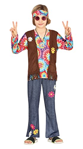 FIESTAS GUIRCA Hippie Kostüm Jungen – 70er Jahre Outfit mit Hippie–Stirnband, buntem Batik–Oberteil, Weste und Hose für Jungen von 10-12 Jahren von FIESTAS GUIRCA