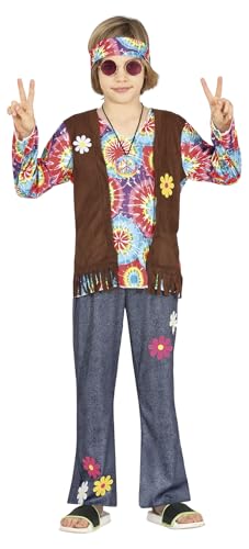 Fiestas GUiRCA Hippie Kostüm Jungen – 70er Jahre Outfit mit Hippie–Stirnband, buntem Batik–Oberteil, Weste und Hose für Jungen von 7-9 Jahren von Fiestas GUiRCA