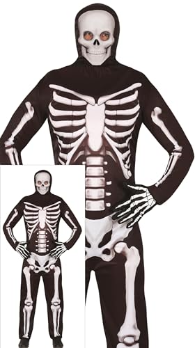 FIESTAS GUIRCA Höllisches Skelett Halloween Kostüm Herren – Schwarzer Overall mit Skelett Aufdruck und Kapuze – Kostüm Herren Halloween M 48-50 von FIESTAS GUIRCA