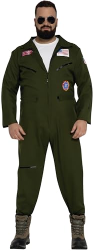 FIESTAS GUIRCA Kampfflieger Kostüm Herren – Grünes Piloten Kostüm Herren - Größe XL 54 – 56 - Pilotenanzug Herren Karneval, Flieger Overall Herren Fasching, Kostüm Pilot Halloween, Themen Party von FIESTAS GUIRCA