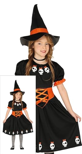 FIESTAS GUIRCA Kleine Hexe Halloween Kostüm Kinder – Hexenkleid in Orange u Schwarz mit Niedlichen Totenköpfen und Hexenhut – Kostüm Kinder Halloween Mädchen 3-4 Jahre von FIESTAS GUIRCA