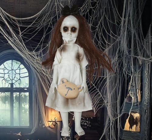 FIESTAS GUIRCA | Mädchen mit Teddy Hängedekoration (30 cm) - Gruselige Halloween Dekoration zum Aufhängen für Partys oder im Spukhaus - Tote Horror Puppe Hängefigur Weiß von FIESTAS GUIRCA