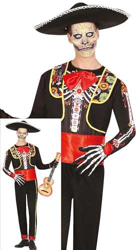 FIESTAS GUIRCA Mariachi Skelett Halloween Kostüm Herren – Mexikanischer Tag der Toten Kostüm – Día De Los Muertos Kostüm Herren Halloween M 48-50 von FIESTAS GUIRCA