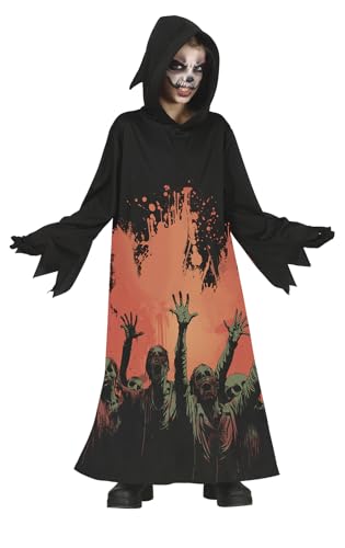 FIESTAS GUIRCA | Mystic Zombie Halloween Kostüm Kinder (5-6 Jahre) - Sensenmann Tunika mit coolem Aufdruck & Kapuze für Karneval Fasching - Kostüm Kinder Halloween Mädchen oder Jungen - Schwarz Rot von FIESTAS GUIRCA