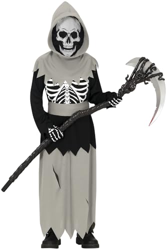 FIESTAS GUIRCA | Mystisches Skelett Halloween Kostüm Kinder (7-9 Jahre) - Killer Schwarze Tunika mit Kapuze & Gürtel für Karneval Fasching - Sensenmann Halloween Kostüm Junge Mädchen - Schwarz Grau von FIESTAS GUIRCA