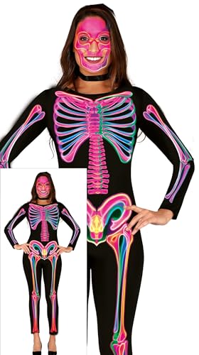 FIESTAS GUIRCA Neon Skelett Halloween Kostüm Damen – Skelett Overall Kostüm – Halloween Kostüm Dame L 40-42 von FIESTAS GUIRCA