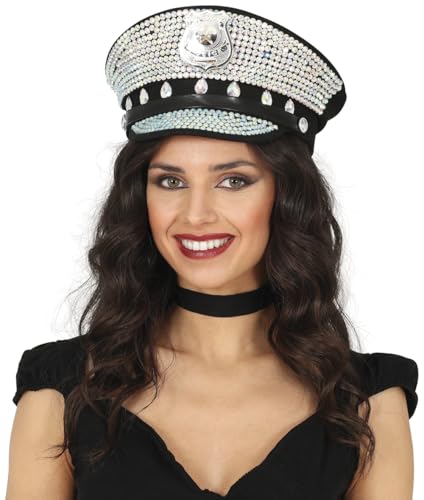FIESTAS GUIRCA | Polizei Mütze mit Diamanten (Einheitsgröße) - Kostümzubehör für Junggesellenabschied und Kostümpartys - Ideal für Erwachsene Unisex - Silber und Schwarz von FIESTAS GUIRCA