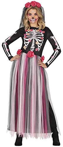 Fiestas GUiRCA Rosen Skelett Tag der Toten Kostüm – Langes Kleid mit Blumen Schleier Halloween Kostüm Erwachsene Damen Größe 34-36 S von Fiestas GUiRCA