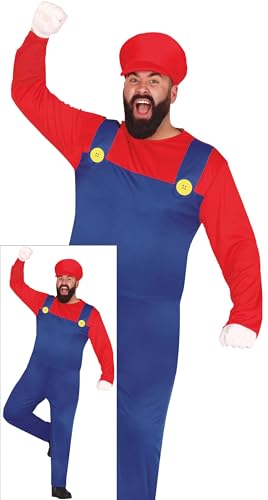 FIESTAS GUIRCA Roter Klempner Held Karneval Kostüm Herren – inkl. Rote Mütze und Super Mechaniker Overall – Comics Film Superheld Herren Kostüm Karneval Fasching Größe XXL von FIESTAS GUIRCA