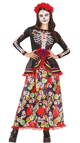 FIESTAS GUIRCA Schickes Kleid Tag der Toten - Langes Kleid mit Totenkopf-Print und Blumen-HaarreifDía De Los Muertos Outfit Kostüm Erwachsene Damen Größe M 36-38 von FIESTAS GUIRCA