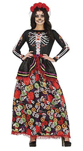 Fiestas GUiRCA Schickes Kleid Tag der Toten - Langes Kleid mit Totenkopf-Print und Blumen-HaarreifDía De Los Muertos Outfit Kostüm Erwachsene Damen Größe M 36-38 von Fiestas GUiRCA