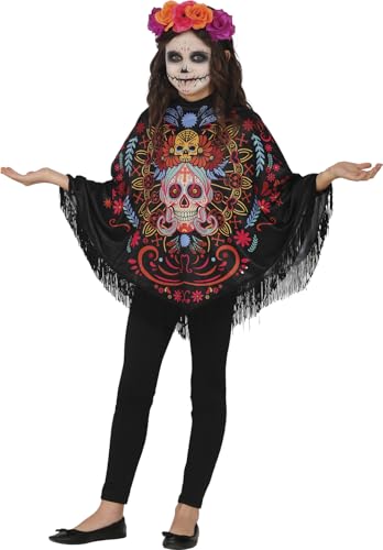 FIESTAS GUIRCA | Schickes Tag der Toten Halloween Kostüm Kinder (7-9 Jahre) - Bunter Día de los Muertos Poncho für Karneval Fasching - Sugar Skull Kostüm Kinder Halloween Mädchen - Schwarz von FIESTAS GUIRCA