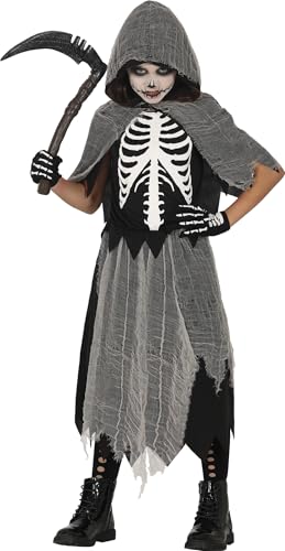 FIESTAS GUIRCA | Skelett Sensenmann Halloween Kostüm Kinder (5-6 Jahre) - Kostüm für Karneval Fasching inkl. Umhang, Kapuze und Kleid - Skelett Kostüm Kinder Halloween Mädchen - Schwarz und Grau von FIESTAS GUIRCA