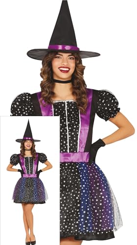 FIESTAS GUIRCA Sternenfunken Hexe Halloween Kostüm Damen – Lila Hexenkostüm mit Silbernen Sternen und Hexenhut – Halloween Kostüm Dame L 40-42 von FIESTAS GUIRCA