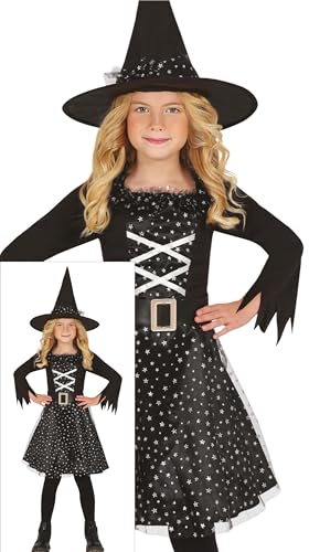 FIESTAS GUIRCA Sternenzauber Hexe Halloween Kostüm Kinder – Hexenhut mit Sternen, Hexenkleid in Schwarz u. Silber, Gürtel – Kostüm Kinder Halloween Mädchen 7-9 Jahre von FIESTAS GUIRCA
