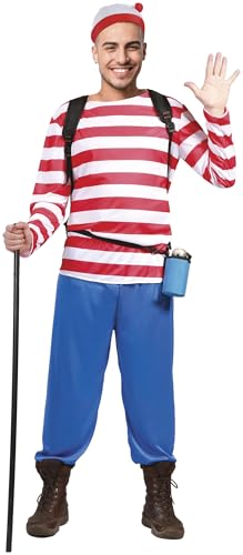 FIESTAS GUIRCA Verlorener Weltenbummler Karneval Kostüm Herren – Rot Weißes Ringelshirt, Hose u. Mütze – Kindheitshelden Kostüm Karneval Fasching Größe XL 54-56 von FIESTAS GUIRCA