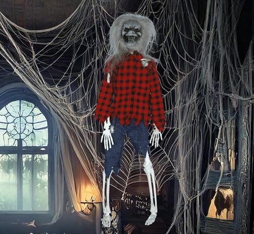 FIESTAS GUIRCA | Werwolf Hängedekoration (40 cm) - Gruselige Halloween Dekoration zum Aufhängen für Partys oder im Spukhaus - Horror Werwolf Skelett Hängefigur Rot Blau von FIESTAS GUIRCA