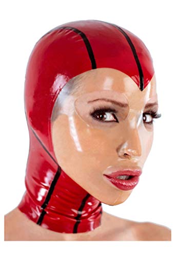 2020 Latex-Gummi-Halloween-Maske mit großen Augen, transparentes Gesicht, rot mit schwarzen Rändern, 0,4 mm – Rot – personalisierbar von FIFADE