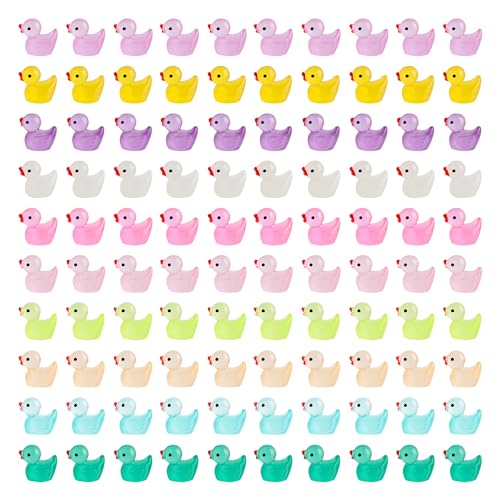 FIHODONE 100 Stück Mini Enten Bunten Noctuluzentes Licht,Kleine Enten Resin 10 Farben,Ente Minifiguren,Mini Badeenten Deko,Duck Mini Figuren für DIY Aquarium,Garten,Puppenhaus von FIHODONE
