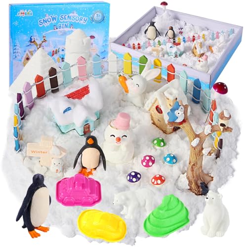 FIIOEOY Snow Sensory Bin, Play Sand Kit für Kinder mit Sensory Sand Toys, Polar Animal Figurines, Winter Village Playset Beach Toy Birthday Gift for Girls Boys 3+ Years Old von FIIOEOY