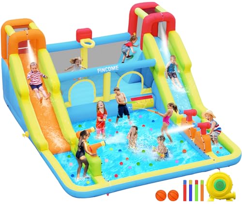 Aufblasbares Hüpfhaus für Kinder, Wassersprunghaus mit Doppelrutschen, für drinnen und draußen, Bounce House Wasserrutsche mit Luftgebläse für Park, Hinterhof, Party, Geburtstag (mit 750 W Gebläse) von FINCOME
