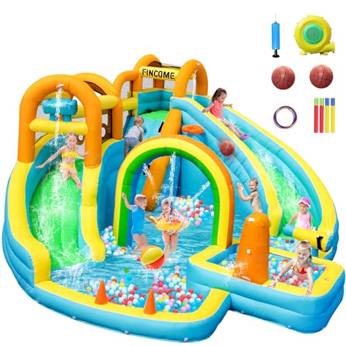 FINCOME Aufblasbare Wasserrutsche, Hüpfhaus mit Wasserrutschen für Kinder Hinterhof, aufblasbarer Wasserpark, Hüpfhaus mit 2 Wasserrutschen, Splash Pool & Wasserkanone für Hinterhof, Outdoor, Indoor FINCOME Aufblasbare Wasserrutsche, Hüpfhaus mit Wasserrutschen für Kinder Hinterhof, aufblasbarer Wasserpark, Hüpfhaus mit 2 Wasserrutschen, Splash Pool & Wasserkanone für Hinterhof, Outdoor, Indoor von FINCOME