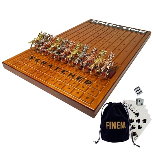 FINENI Pferderennspiel für Erwachsene – 11 luxuriöse Metallpferde (Silber, Schwarz, Roségold), 40,6 cm großes Rennbrett aus dunklem Kiefernholz, Würfel und Karte enthalten (dunkle Farbe) von FINENI