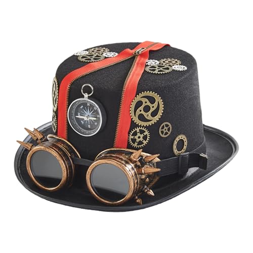 FINLALO Steampunk Hut Karneval Steampunk Hüte Herren Steampunk Hüte mit Brille Steampunk Accessoires für Erwachsene, Rot/Ausflug, einfarbig (Getaway Solids), 22.05-22.83 inches von FINLALO