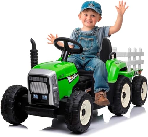 FINOOS Kinder Elektro Traktor 12V mit Schaufel & abnehmbarem Anhänger Kinder-Elektrofahrzeug, Kinder Aufsitztraktor mit LED-Licht & Musik & Hupe, 2,4G Fernbedienung, 2-5km/h (Grün) von FINOOS
