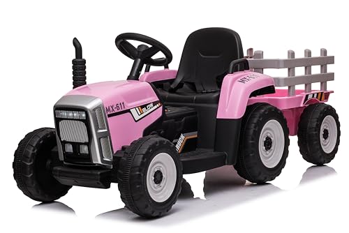 FINOOS Kinder Elektro Traktor 12V mit Schaufel & abnehmbarem Anhänger - Kinder-Elektrofahrzeug mit LED-Licht & Musik & Hupe, 2,4G Fernbedienung, 2-5km/h (Rosa) von FINOOS
