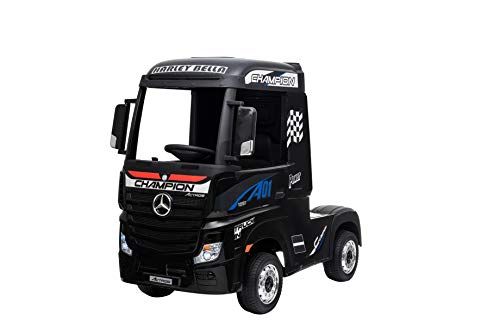 FINOOS Kinder Elektroauto Mercedes Actros Truck LKW - Lizenz - 4 x 45Watt Motor - Allrad 6 Km/h - 2,4 Ghz Fernbedienung - 2 x 12V 7Ah - LED Leuchten - Kinderauto (Schwarz) von FINOOS