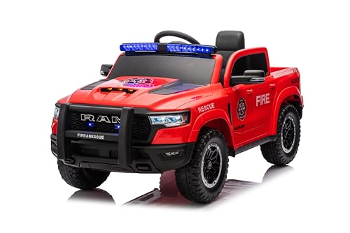 FINOOS Kinder Elektroauto RAM 12V Kinderauto mit 2,4 GHz Fernbedienung, 2 Motor, Kinderfahrzeug mit Hupe, LED, Musik, Sanftstart, Elektrofahrzeug mit Fernbedienung, für 1-4 Jahre (Feuerwehrauto) von FINOOS