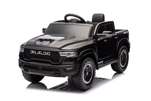 FINOOS Kinder Elektroauto RAM 12V Kinderauto mit 2,4 GHz Fernbedienung, 2 Motor, Kinderfahrzeug mit Hupe, LED, Musik, Sanftstart, Elektrofahrzeug mit Fernbedienung, für 1-4 Jahre (Schwarz) von FINOOS