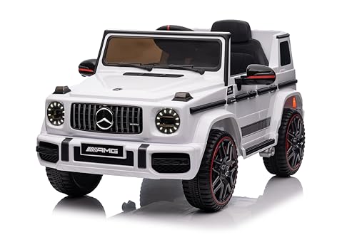 FINOOS Mercedes G63 AMG Elektroauto für Kinder, 12 V, elektrische Kinder elektroauto mit Fernbedienung, 2 + 1 Geschwindigkeitsstufen, Hupe, LED, Musik, USB (Weiß) von FINOOS