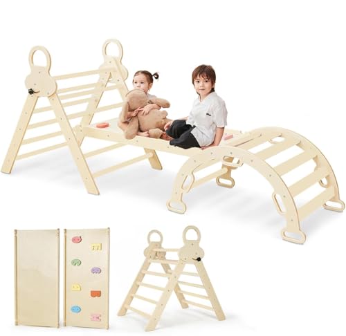 FINOOS Montessori Indoor Spielset: 7-in-1 Klettergerüst mit Rutsche & Bogen für Kleinkinder und Kinder (1-3 Jahre) (Naturholz) von FINOOS