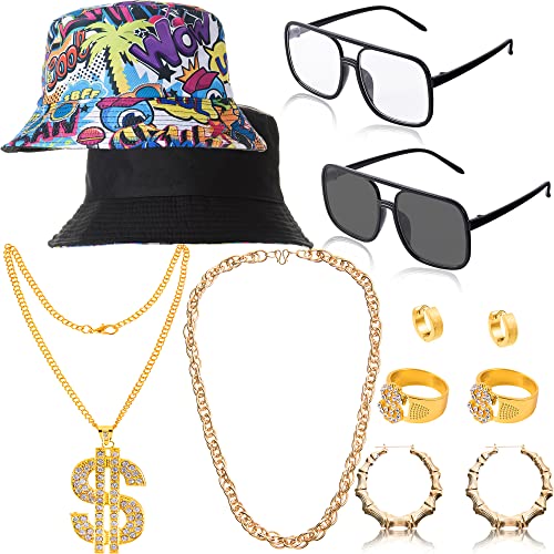 FIOEOZ Hip Hop Kostüm für Herren Damen, 12 Stück Rapper Kostüme Zubehör inklusive Sonnenbrille Dollarzeichen Fake Kette Ring Creolen Ohrring Vintage Druck Eimer Hut für 80er 90er Party Dekorationen FIOEOZ Hip Hop Kostüm für Herren Damen, 12 Stück Rapper Kostüme Zubehör inklusive Sonnenbrille Dollarzeichen Fake Kette Ring Creolen Ohrring Vintage Druck Eimer Hut für 80er 90er Party Dekorationen von FIOEOZ