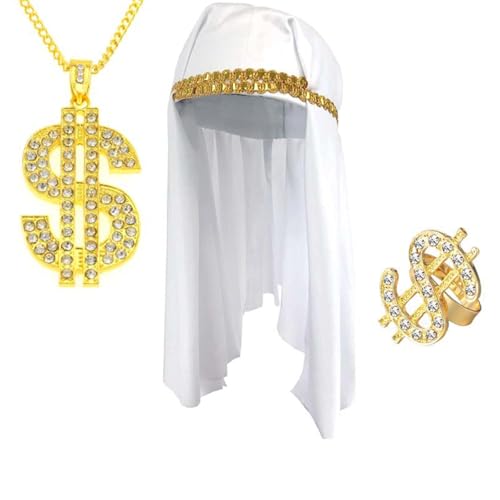 FIRSTXIU 4PCS Arabische Kostüm Araber Kopfschal Sonnenbrille Dollar Neckalce Dollar Ringe Halloween Kostümzubehör Für Erwachsene Männer Middle Osten Wüste Shemagh Wrap von FIRSTXIU