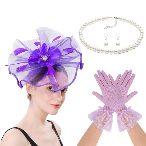 FIRSTXIU Fascinator Kostüm Set Mit Blumenhaarschlüsselhandschuhen Halskette Für Hochzeiten Themenpartys Teaparty Horse Racing Event Horse Rennspitzen Haarzubehör Set von FIRSTXIU