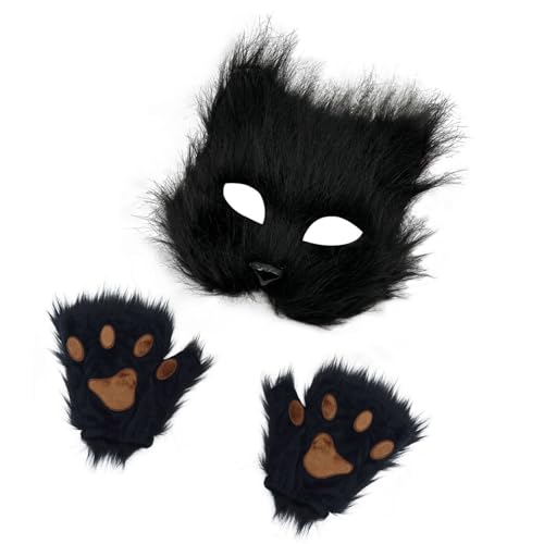 FIRSTXIU Therianians Und Pfoten Handschuhe Set Fauxpelzen Füchse Katzen Maske Katzen Wolf Cosplays Kostüm Für Halloween Weihnachtsfeier Halloween Cosplay Kostüm von FIRSTXIU