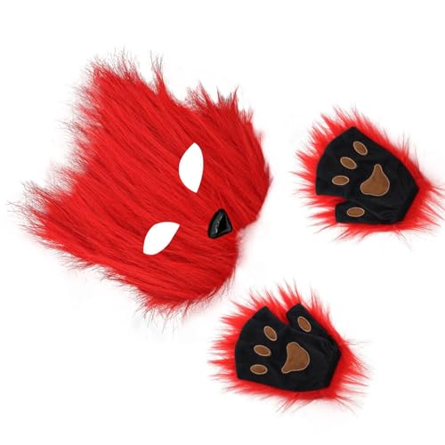 FIRSTXIU Therianians Und Pfoten Handschuhe Set Fauxpelzen Füchse Katzen Maske Katzen Wolf Cosplays Kostüm Für Halloween Weihnachtsfeier Halloween Cosplay Kostüm von FIRSTXIU