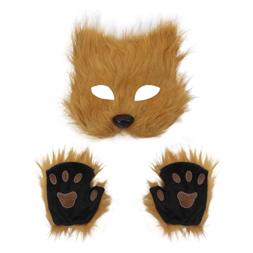 FIRSTXIU Therianians Und Pfoten Handschuhe Set Fauxpelzen Füchse Katzen Maske Katzen Wolf Cosplays Kostüm Für Halloween Weihnachtsfeier Halloween Cosplay Kostüm von FIRSTXIU