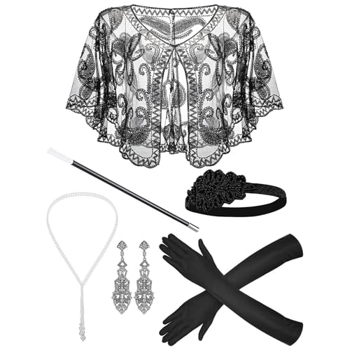 FIRSTXIU Vintage Flapper Kostüm 1920er Jahre Weibliche Teaparty Kopfbedeckung Armhandschuhe Zigaretten Halskette Prom Partyzubehör Halloween Stirnband Kostümzubehör Dekorationen von FIRSTXIU