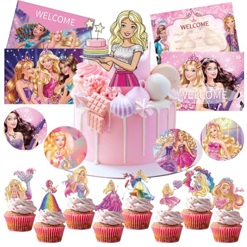 Barrbie Tortendekoration Kinder, 53PCS Barrbie Einladungskarten Geburtstag Party Kuchendekor Geburtstag Cupcake Toppers Tortendekoration Einladungskarten Set für Festliche Feste Mädchen Geschenke von FISAPBXC